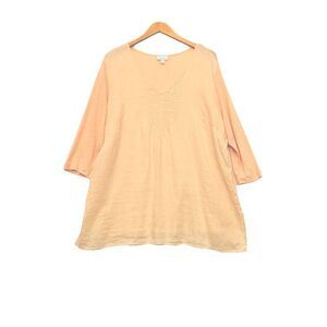 J Jill Love Linen Womens Tunic 3/4 Sleeve Top Sz 2X Peach Beachy‎ Travel Pintuck